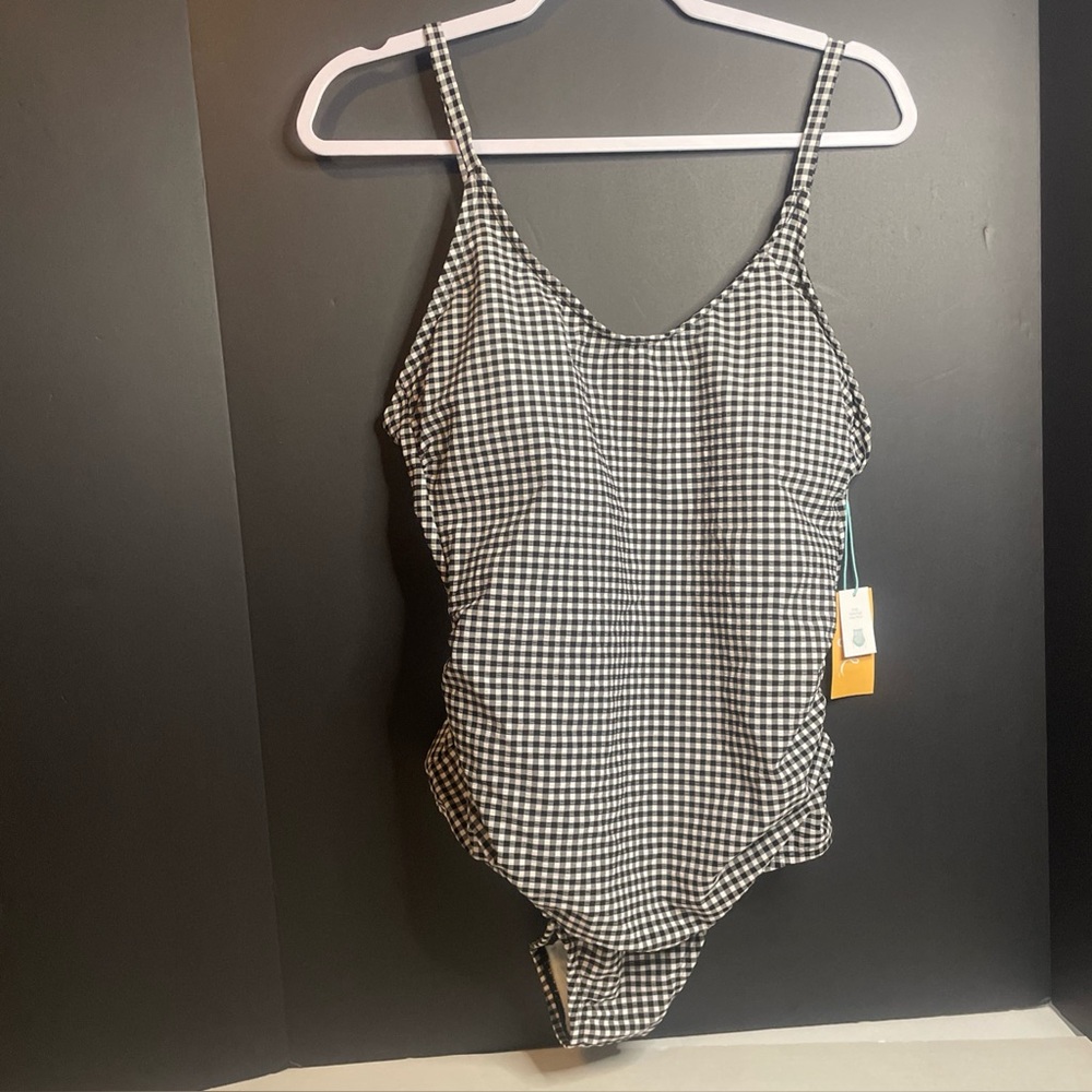 Kona Sol One Piece Swimsuit Womens Large 12/14 Black Gingham Check High Coverage